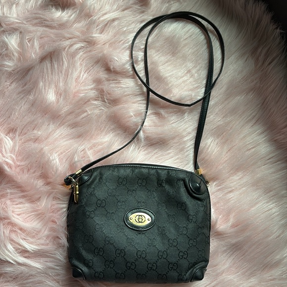 Vintage GUCCI Black Canvas Leather ‘GG’ Mini Crossbody  Bag - Picture 1 of 16